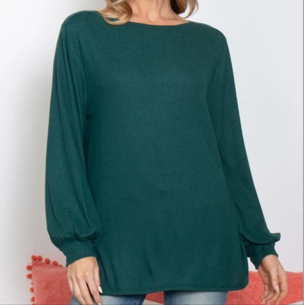 PUFF SLEEVED BOAT NECK BRUSHED HACCI TOP- HUNTER GREEN - Picture 2 of 6
